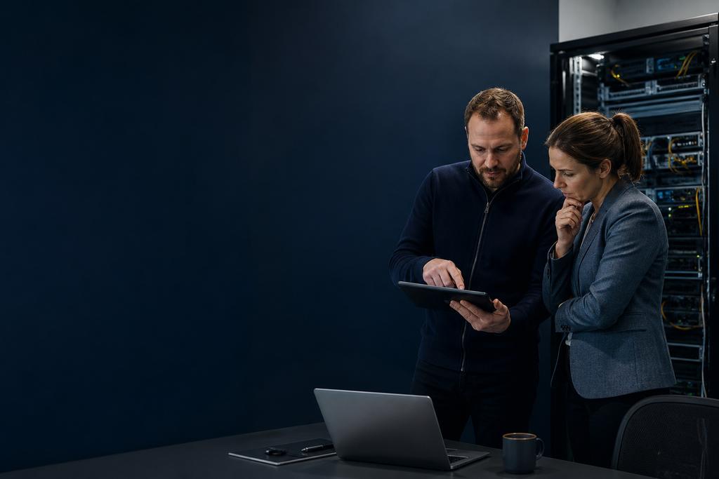 Illustratieve incidentengineer en bevoegde service-eigenaar die impact, risico, serverstatus en een veilige tijdelijke oplossing bespreken