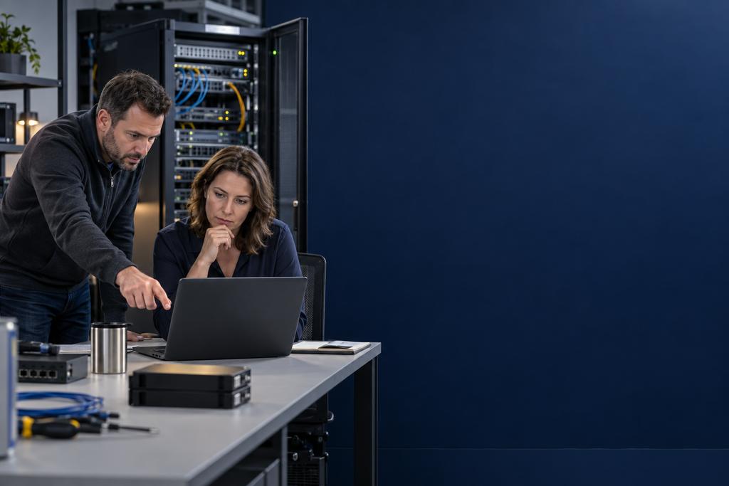 Illustratieve applicatie-engineer en eigenaar die serverproces, database, documenten, achtergrondtaken, gerichte reparatie en medewerkerstest beoordelen