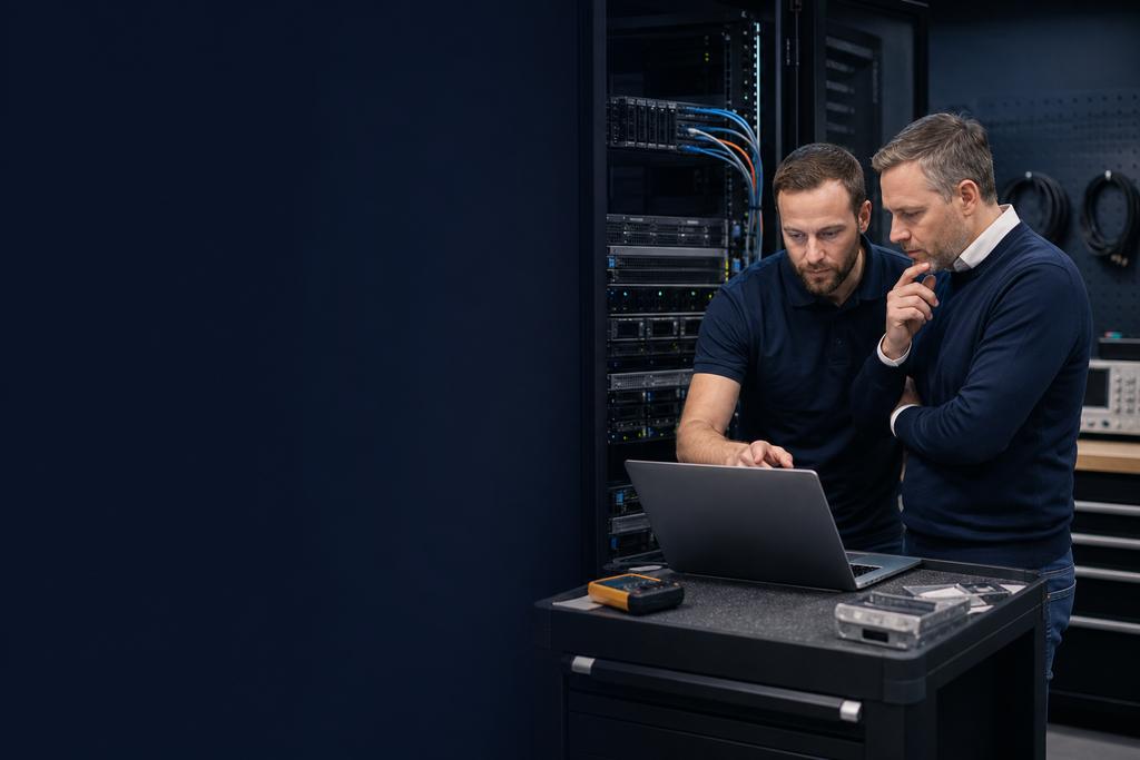 Illustratieve serverengineer en service-eigenaar die foutsignalen, gegevensbescherming, reparatiekeuze en praktijktest bespreken