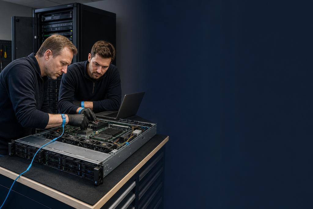 Illustratieve hardware-engineer en beheerder die foutmeldingen, reserveonderdeel, opslagconfiguratie en serverdienst repareren