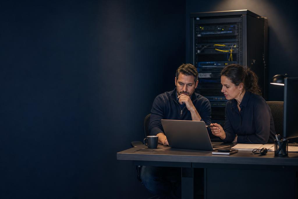 Illustratieve ICT-specialist en service-eigenaar die de impact en veilige aanpak van een zakelijke serverstoring bespreken
