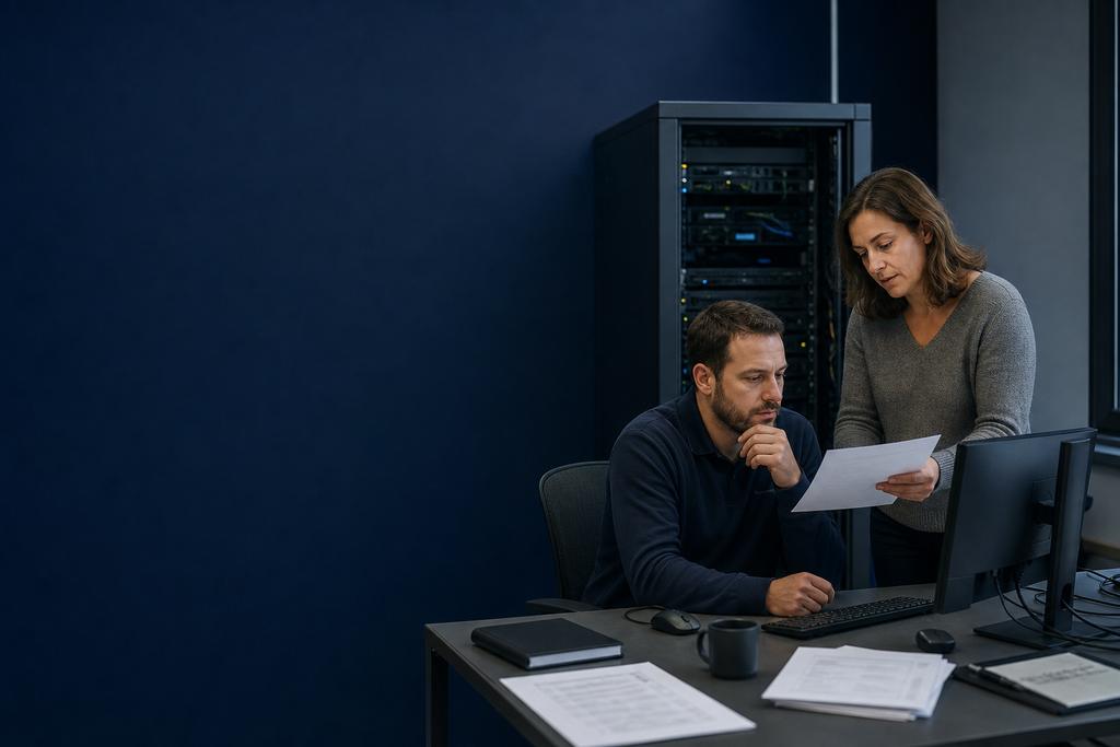 Illustratieve cloud- en serverspecialisten die lokale systemen, cloudroute, applicatie, back-up en leveranciersgrens onderzoeken