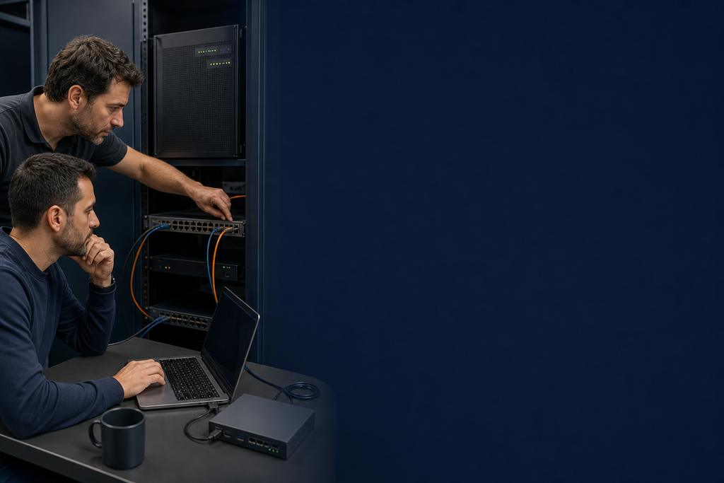 Illustratieve infrastructuurspecialisten die werkplekroute, DNS, firewall, serverpoort en applicatieantwoord onderzoeken