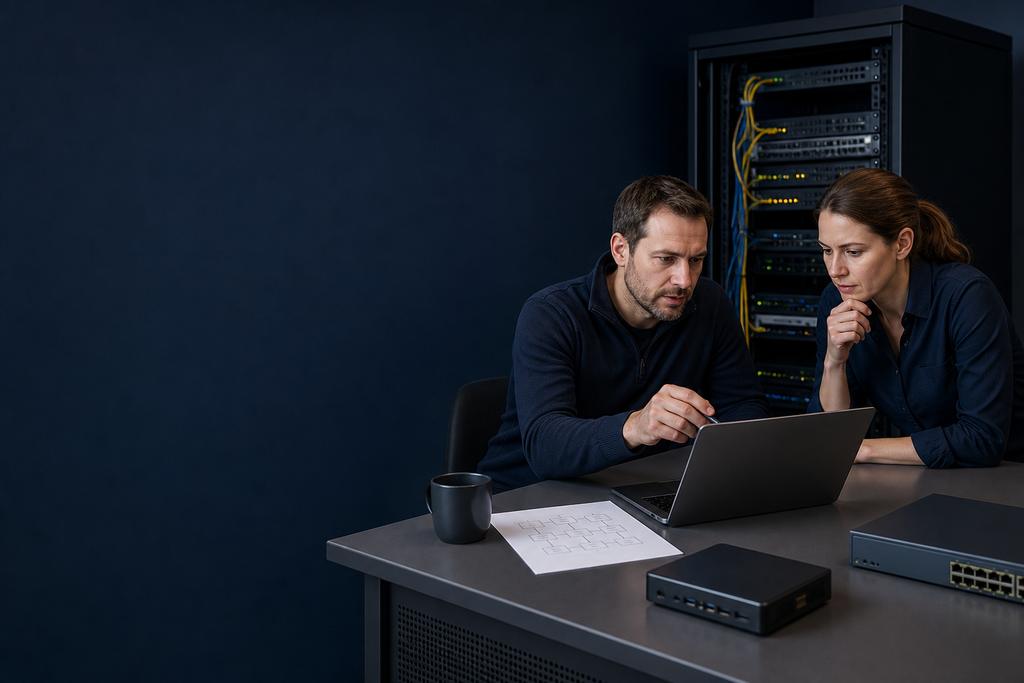 Illustratieve ICT-specialist en service-eigenaar die een niet-werkende serverdienst vanaf werkplek, netwerk en applicatie onderzoeken