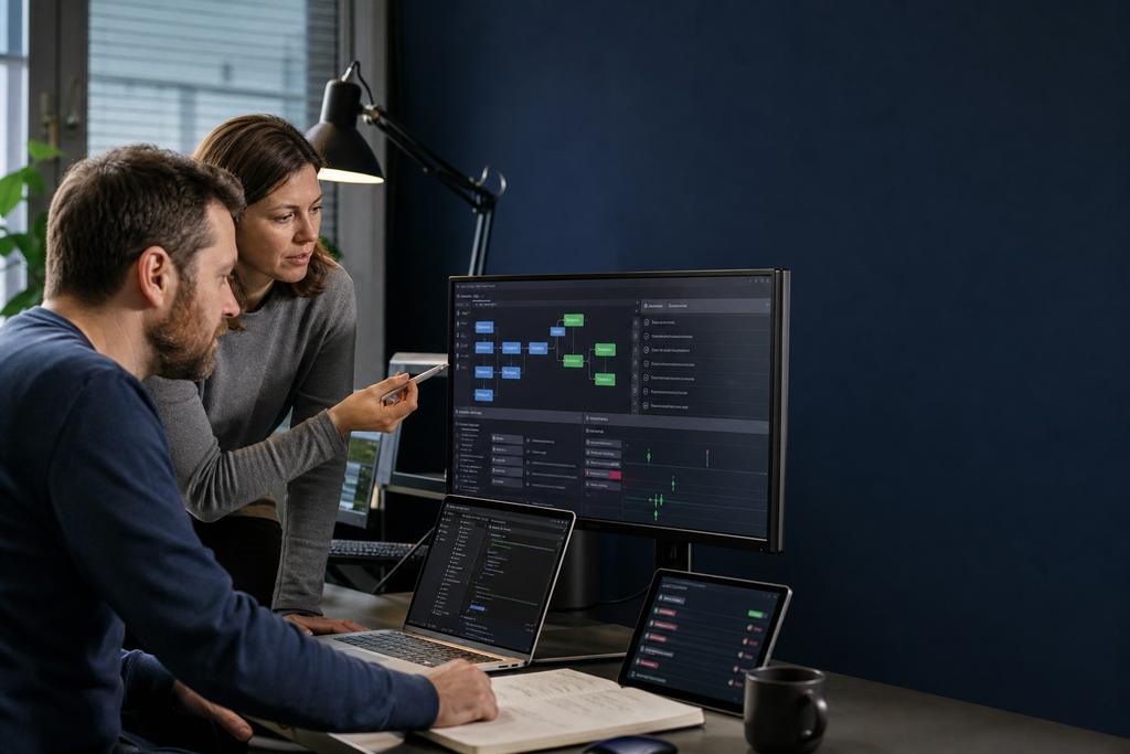 Illustratieve software-engineer en SharePoint-serviceowner die maatwerk, tests, release en terugweg beoordelen