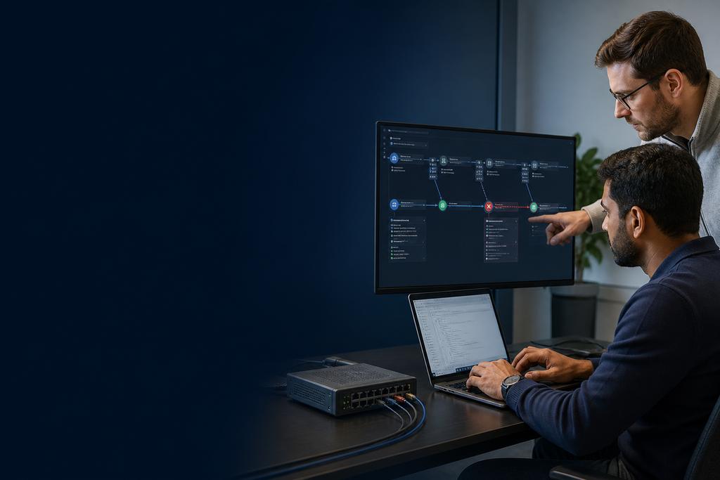 Illustratieve integratie-engineers die softwareproblemen in een afgewezen API-bericht door de softwareketen volgen