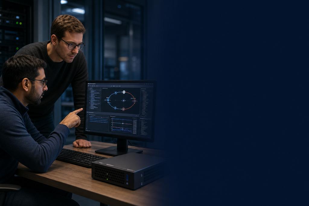 Illustratieve database- en software-engineers die een softwarestoring in gegevensverwerking onderzoeken