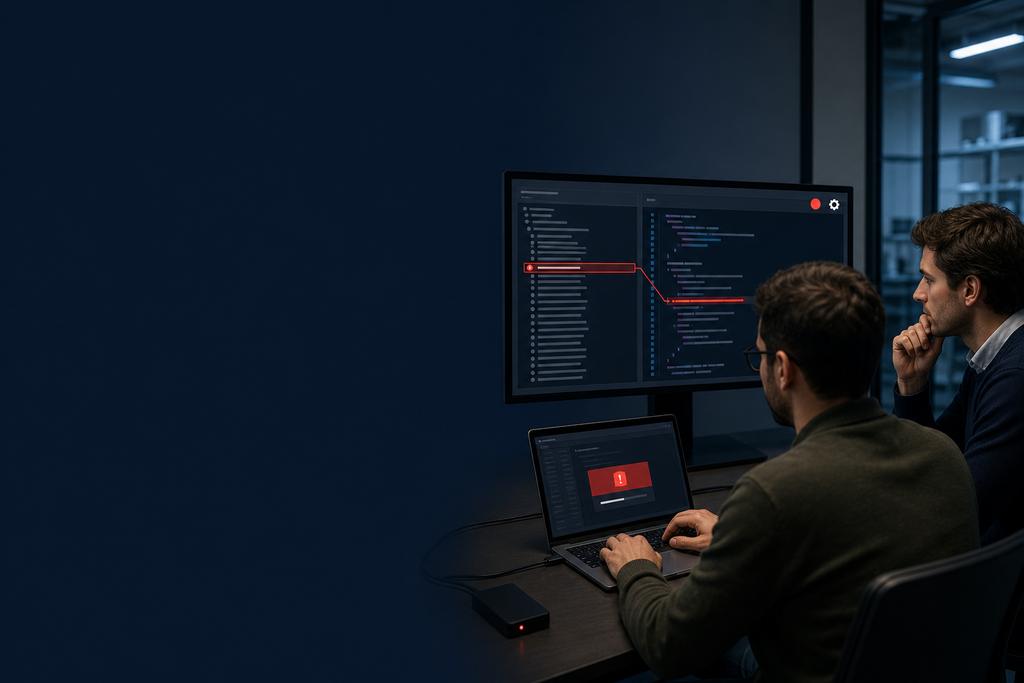 Illustratieve software-engineers die softwareproblemen onderzoeken door een foutmelding aan het technische foutspoor te koppelen