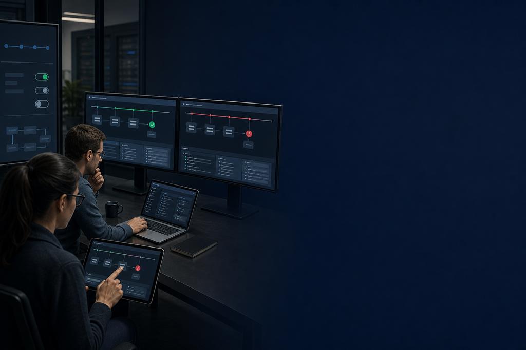 Illustratieve release-engineers die softwareproblemen onderzoeken door een werkende en falende softwareversie te vergelijken