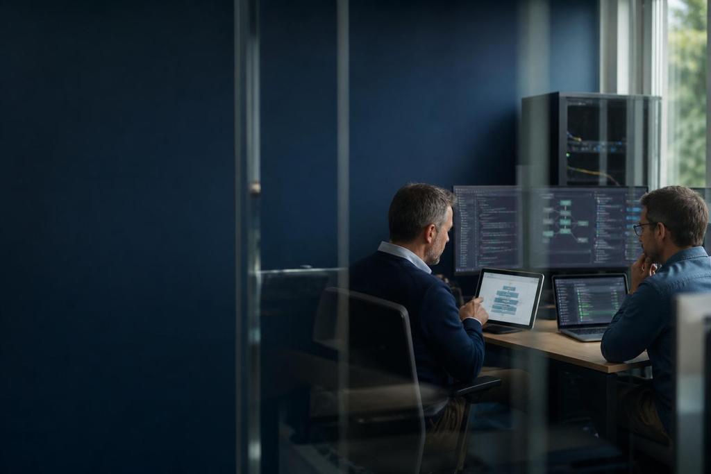 Illustratieve ICT-specialisten die software die niet op elkaar aansluit beoordelen via architectuur, dependencies en testbewijs