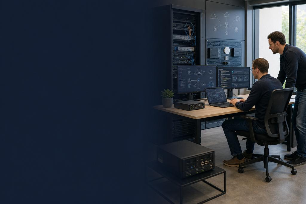 Illustratieve software- en cloudnetwerkengineers die VPN-routes, private endpoints, API’s, policy-as-code, tests, telemetry en rollback valideren