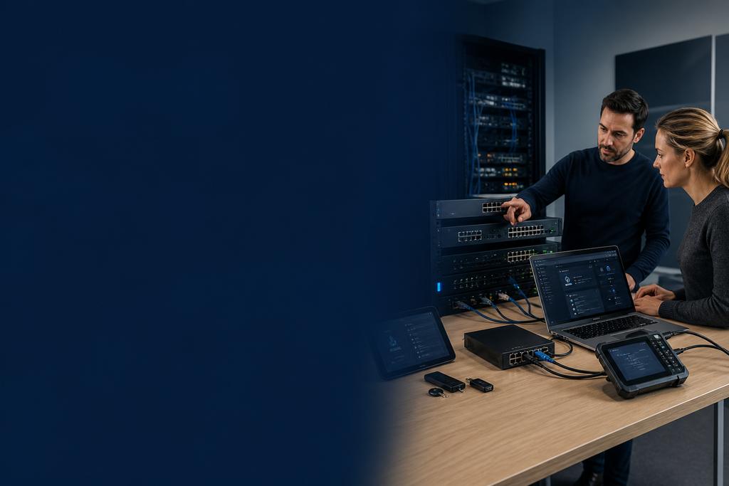 Illustratieve netwerksecurity- en identityspecialisten die VPN-gateway, managed laptop, hardwarekey, certificaat, routes en intrekking testen