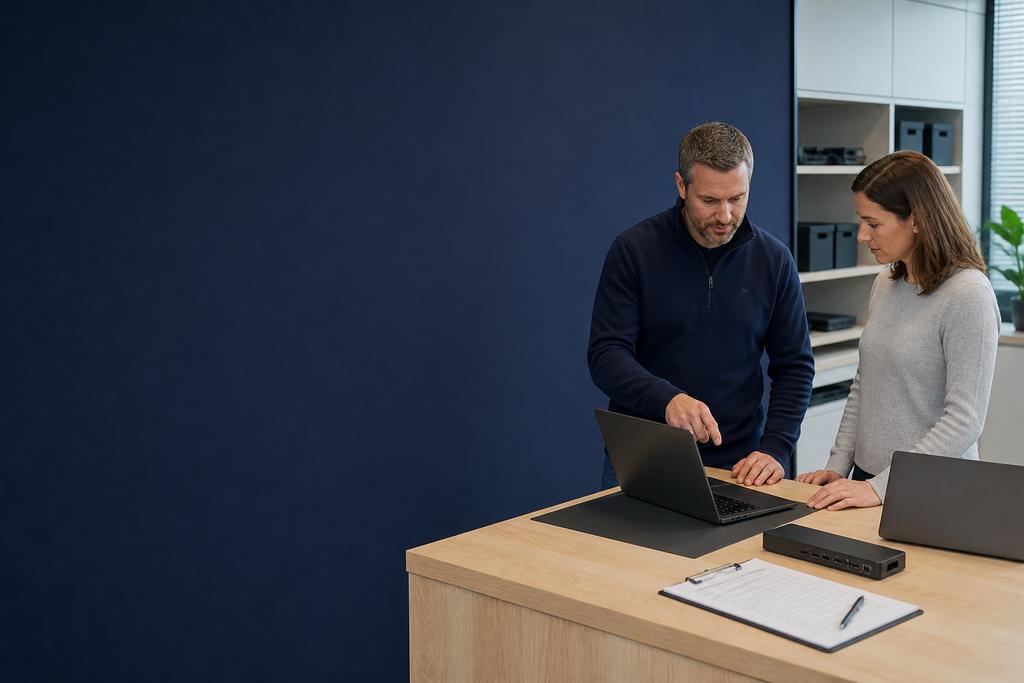Illustratieve Office 365- en Microsoft 365-werkplektechnicus die met een assetowner een gecontroleerde vervanging beoordeelt