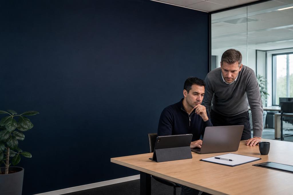 Illustratieve ICT-consultant en organisatie-eigenaar die doelen, technische opties en een gefaseerde roadmap vergelijken