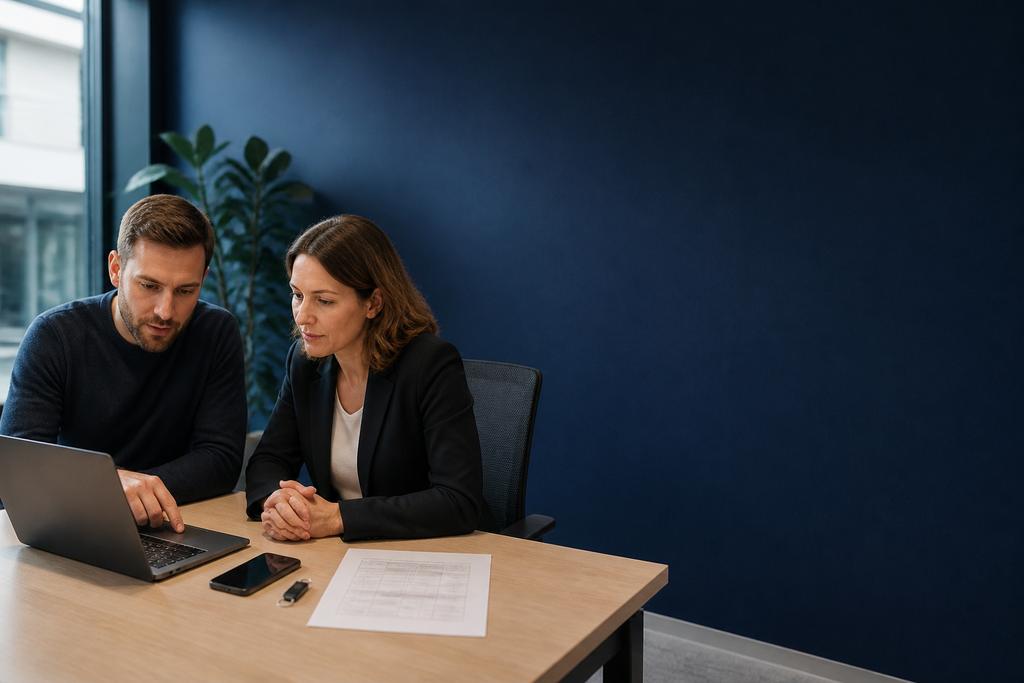 Illustratieve IT-consultant en securityverantwoordelijke die operationele risico’s, toegang en herstelbewijs toetsen