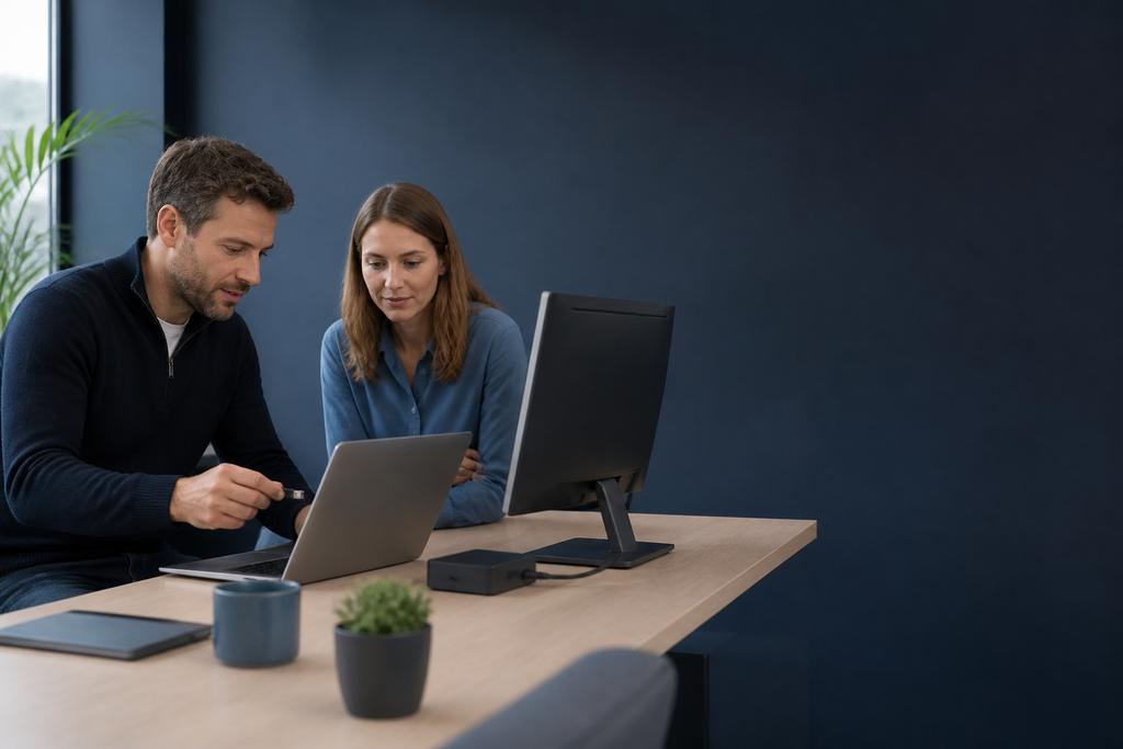 Illustratieve IT-consultant en medewerker die samen een werkplekprobleem oplossen en de herstelde taak controleren