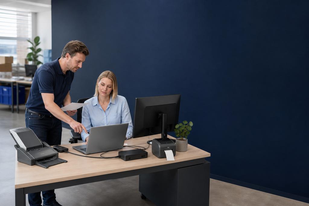 Illustratieve ICT-technicus en proceseigenaar die scanner, labelprinter, onderhoudslaptop en veilige netwerkroute testen tijdens het inrichten van een werkplek