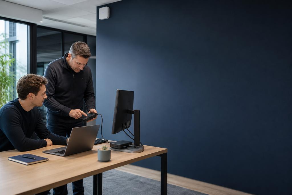 Illustratieve ICT-technicus en locatiemanager die twee werkplekken met dezelfde apparatuur en lokale netwerkverschillen vergelijken tijdens het inrichten van een werkplek