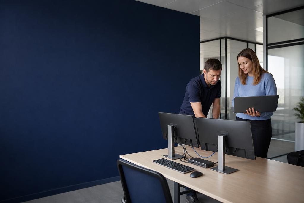 Illustratieve ICT-technicus en medewerker die laptop, dock, schermen, netwerk en software op een zakelijke werkplek testen tijdens het inrichten van een werkplek
