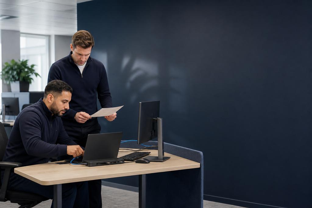 Illustratieve fieldengineer en proceseigenaar die kantoor- en onderhoudswerkplekken tijdens een installatiefase controleren