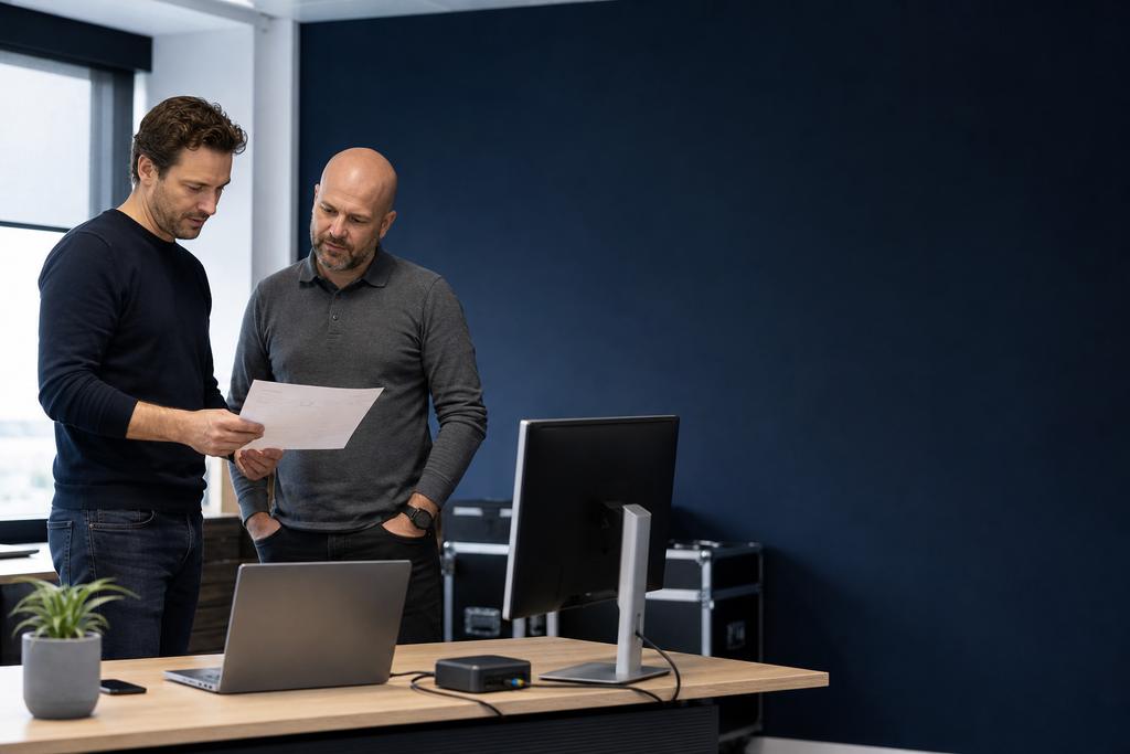 Illustratieve ICT-specialist en interne beheerder die een ingerichte zakelijke werkplek en overdracht samen controleren
