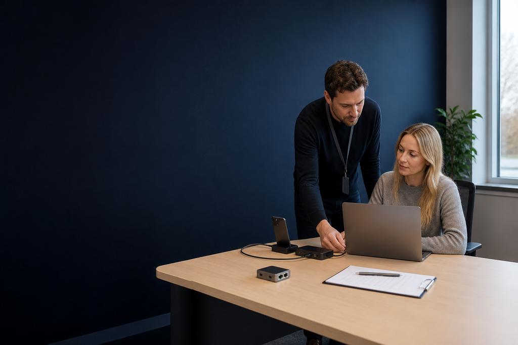 Illustratieve endpointengineer en medewerker die aanmelding, netwerk en beheerde applicaties op een zakelijke werkplek testen