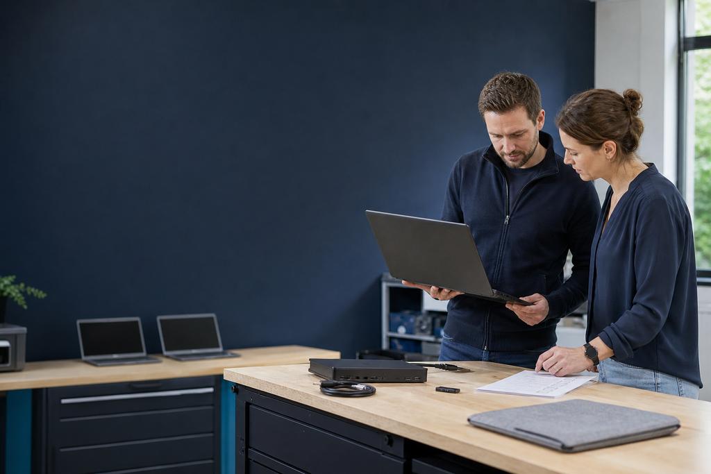 Illustratieve deploymentengineer en projectcoördinator die laptop, dock en beveiligingssleutel vóór een beheerde uitrol controleren