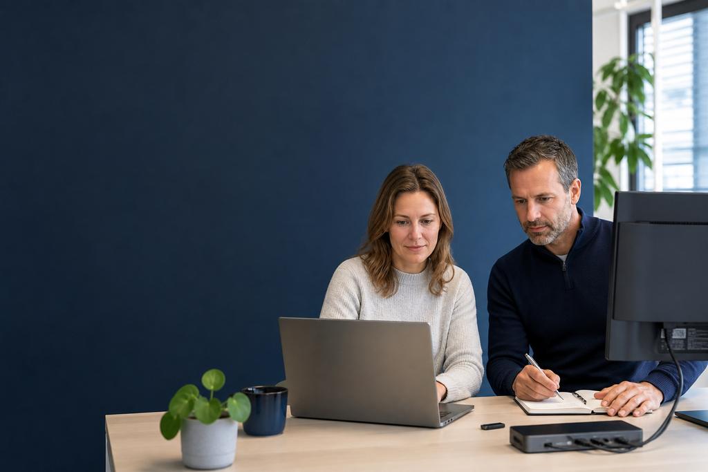 Illustratieve Microsoft 365-supportspecialist en medewerker die een werktaak en foutmelding samen onderzoeken