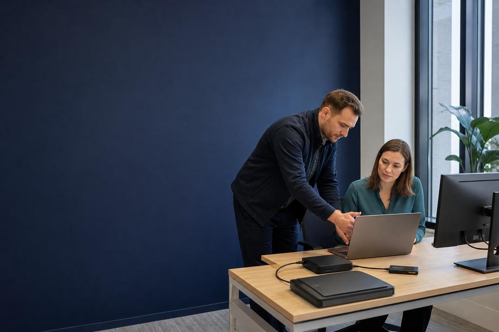 Illustratieve Microsoft 365-supportspecialist en medewerker die werkplek, apps, apparaat en verbinding controleren voor een organisatie rond Zaltbommel