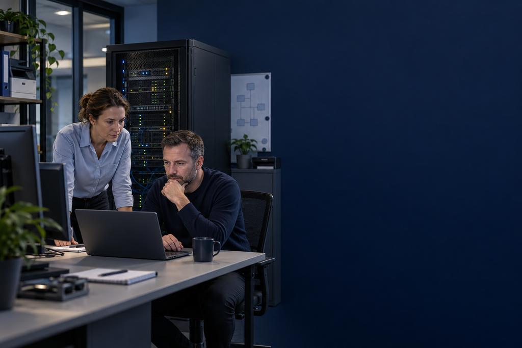 Illustratieve Windows Server engineer en applicatie-eigenaar die accounts, bestanden, printservice, connector en medewerkerstaak controleren