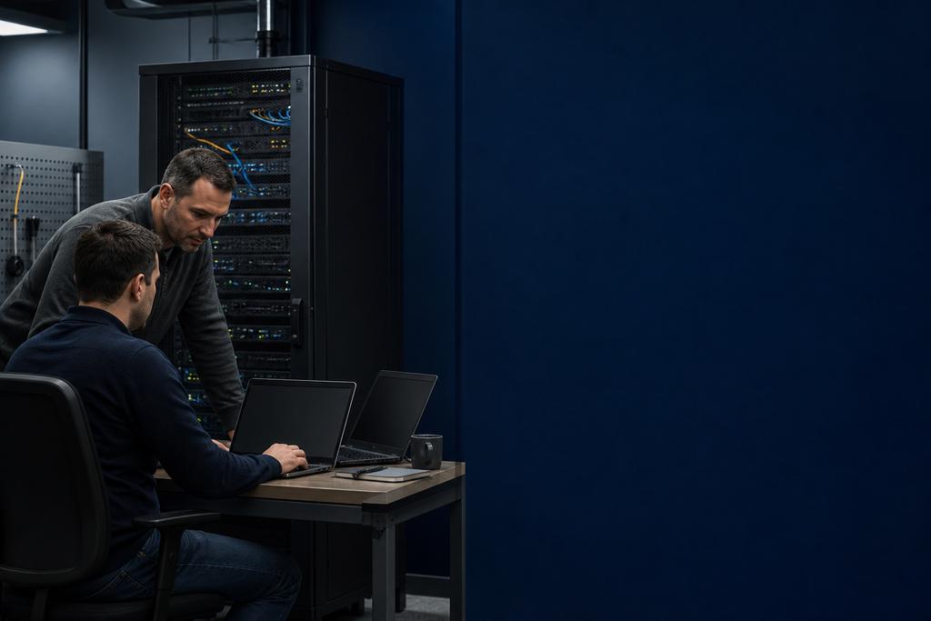 Illustratieve Windows- en legacybeheerders die oude server, runtime, drivers, database, licentie en herstelproef documenteren