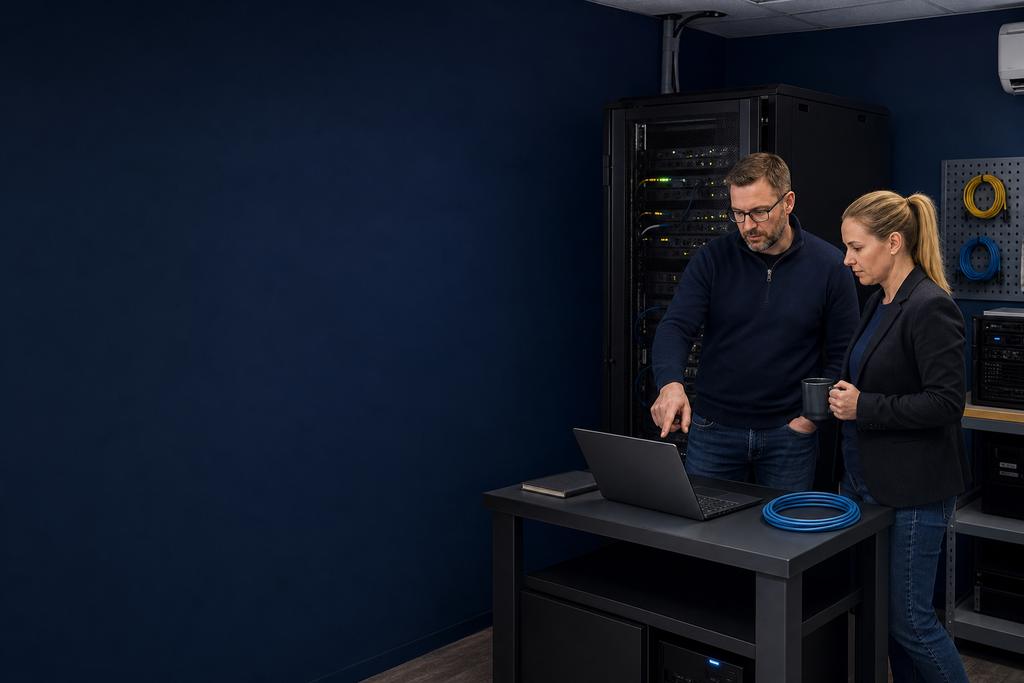Illustratieve Windows Server-beheerder en IT-eigenaar die serverrollen, updates, beveiliging, back-up en beheerplanning bespreken