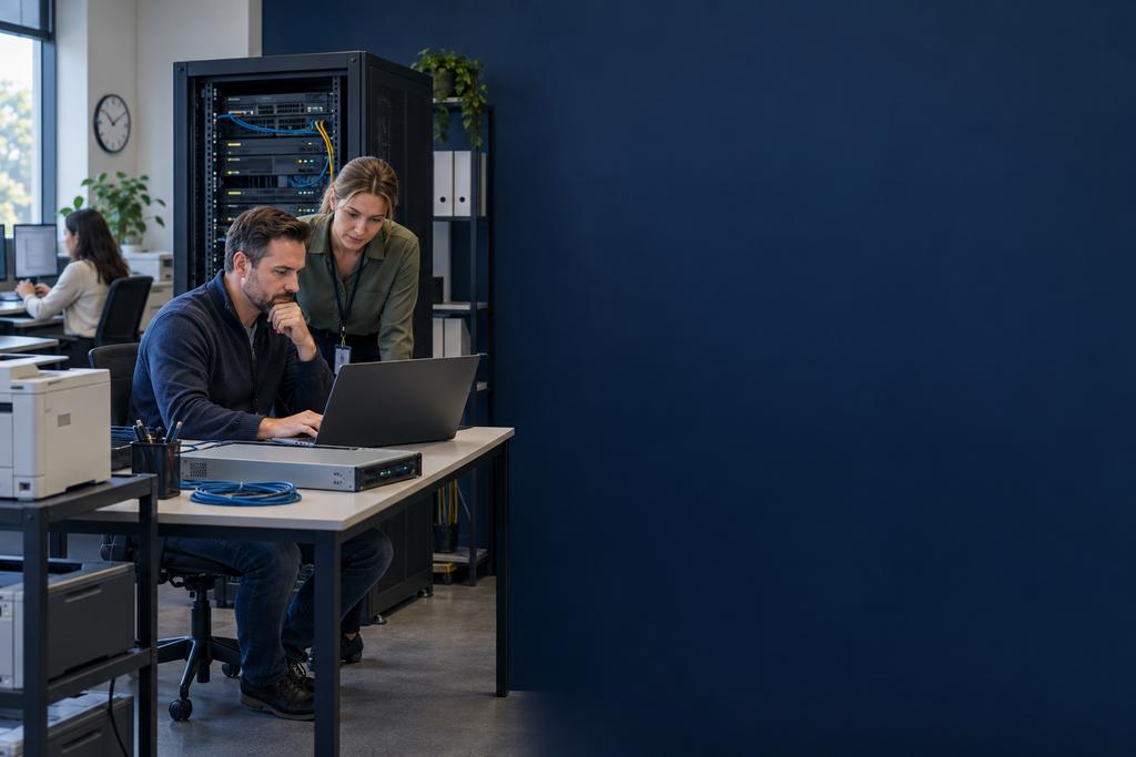 Illustratieve Windows Server engineer en applicatie-eigenaar die accounts, uitwisselmap, printer, connector en medewerkerstaak installeren