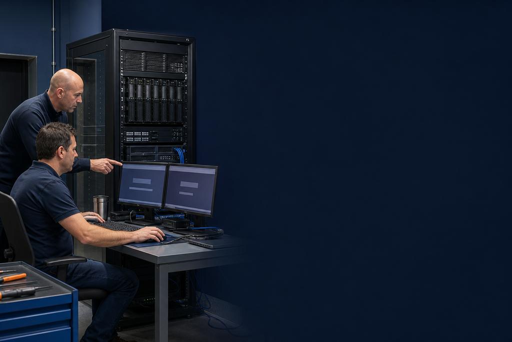 Illustratieve Windows RDS-specialist en medewerker die gateway, profiel, applicatie, document en printer bij oplevering testen