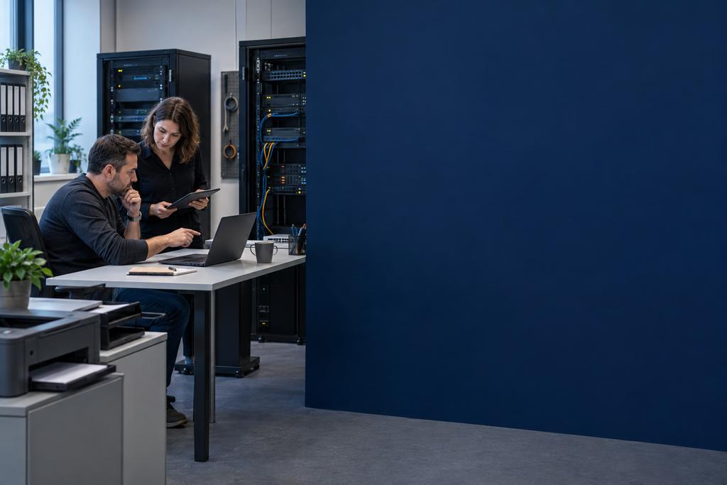 Illustratieve Windows Server migratie-engineer en applicatie-eigenaar die bron, doel, bestanden, connector en medewerkerstaak vergelijken