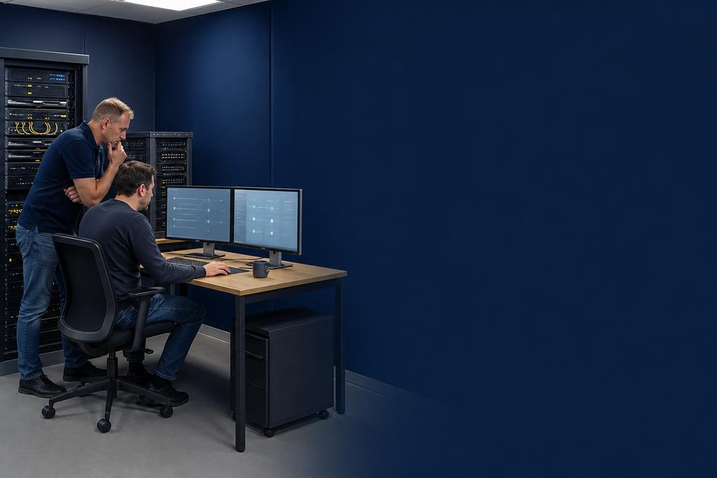 Illustratieve Windows RDS-specialist en medewerker die oude en nieuwe sessiehost, profiel, applicatie en apparaat vergelijken