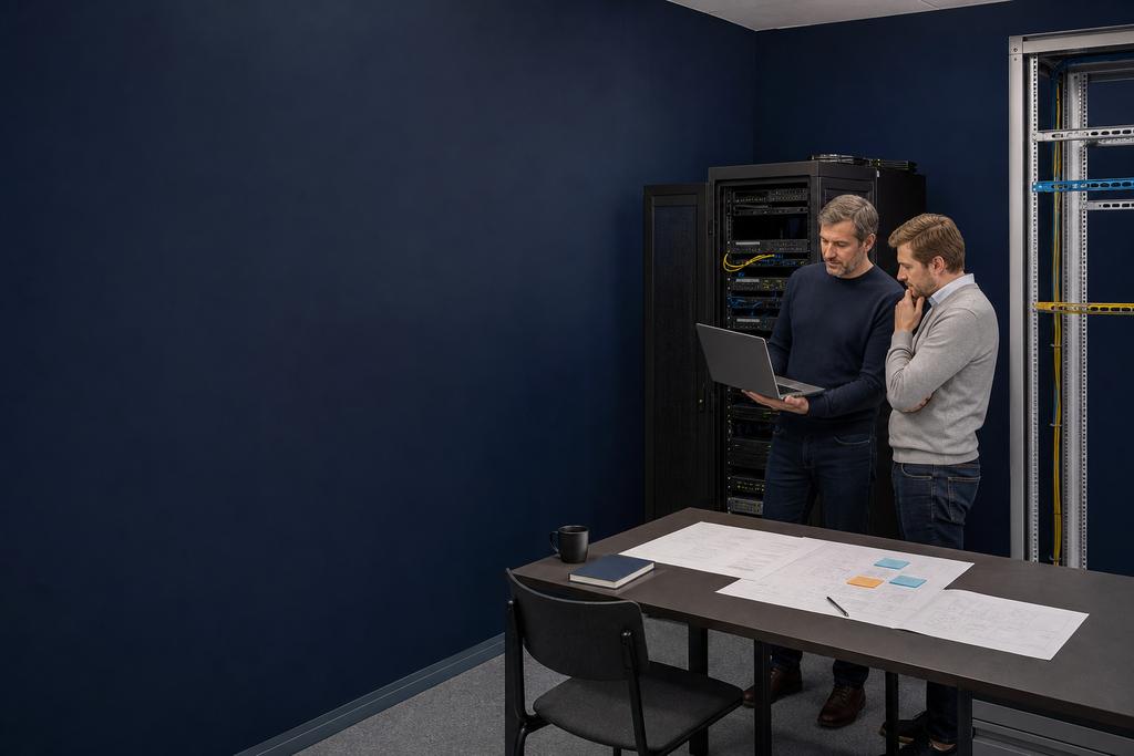 Illustratieve Windows-specialist en service-eigenaar die bron, doel, omschakelplan, gegevenscontrole en terugweg bespreken