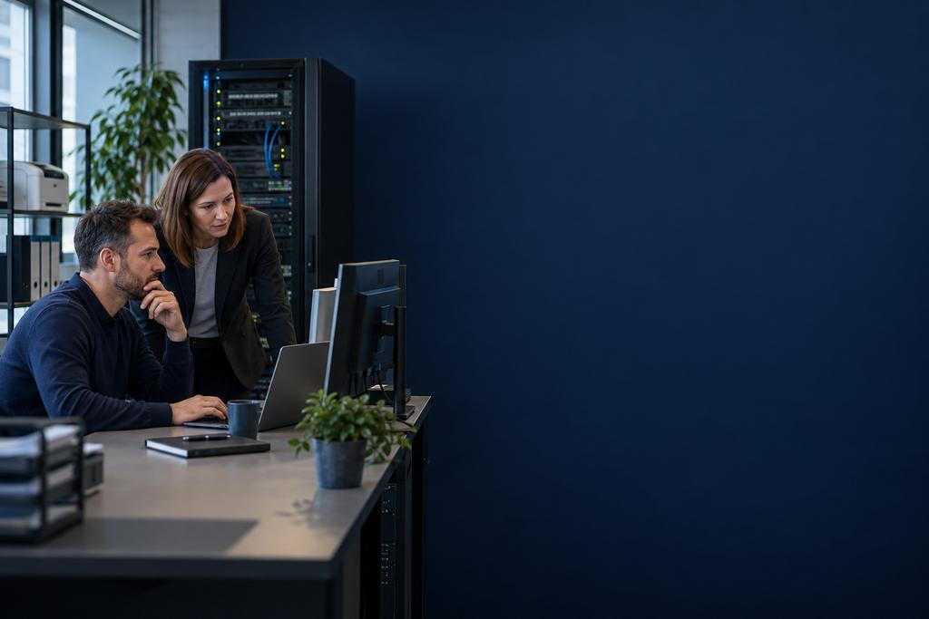 Illustratieve Windows Server specialist en applicatie-eigenaar die accounts, bestanden, printservice, connector en applicatietaak bewaken