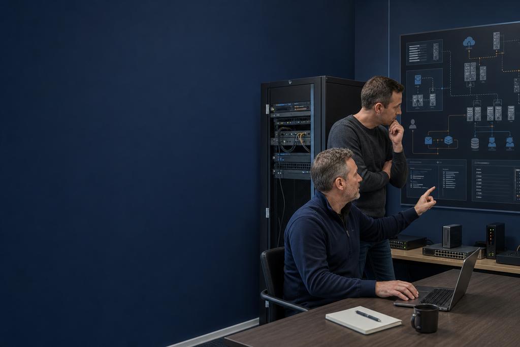 Illustratieve Windows Server-specialist en service-eigenaar die serverrollen, meldingen, prioriteiten en herstelcontroles bespreken