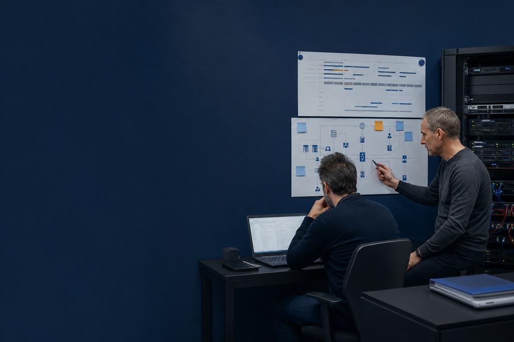 Illustratieve Windows Server specialist en service-eigenaar die een terugkerend probleem, tijdlijn en bedrijfsimpact bespreken