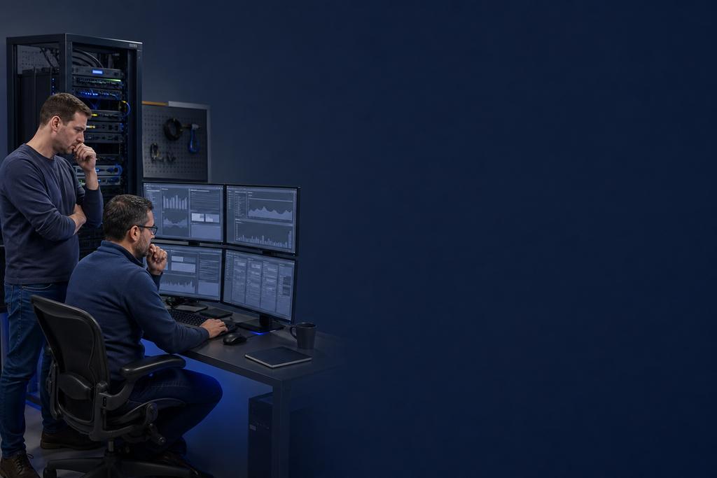 Illustratieve Windows-specialist en werkplekbeheerder die RDS-aanmelding, profiel, applicaties en apparaten onderzoeken