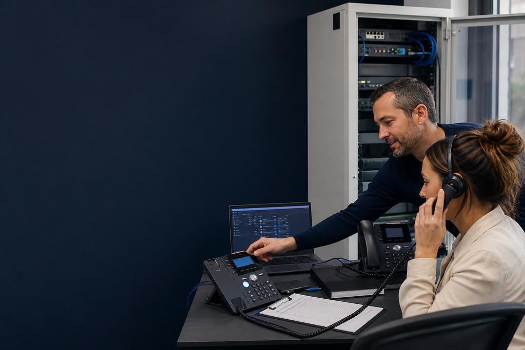 Illustratieve telefoniespecialist en medewerker die cloudtelefonie testen op app, toestel, gesprekken, voicemail en uitvalopvang