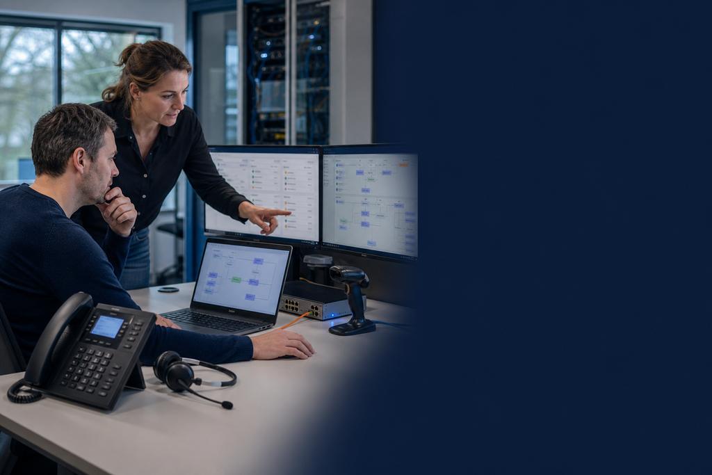 Illustratieve Odoo- en telefoniespecialisten die Microsoft Teams Phone en Odoo 19-procescontext met gecontroleerde koppelingen testen