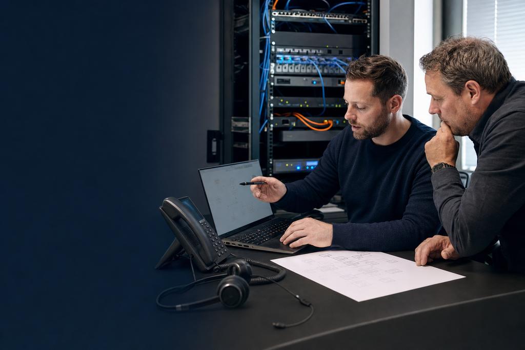 Illustratieve ICT-specialist en beheerder die cloudtelefonie met online nummerplan, SIP-verbinding en belroutes inrichten