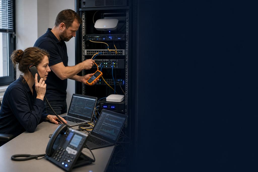 Illustratieve netwerk- en telefoniespecialisten die een cloud-PBX via internet, netwerkprioriteit en spraakkwaliteit testen