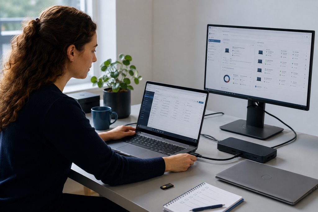 Specialist sluit een laptop aan op een dockingstation naast een scherm met apparaatbeheer.