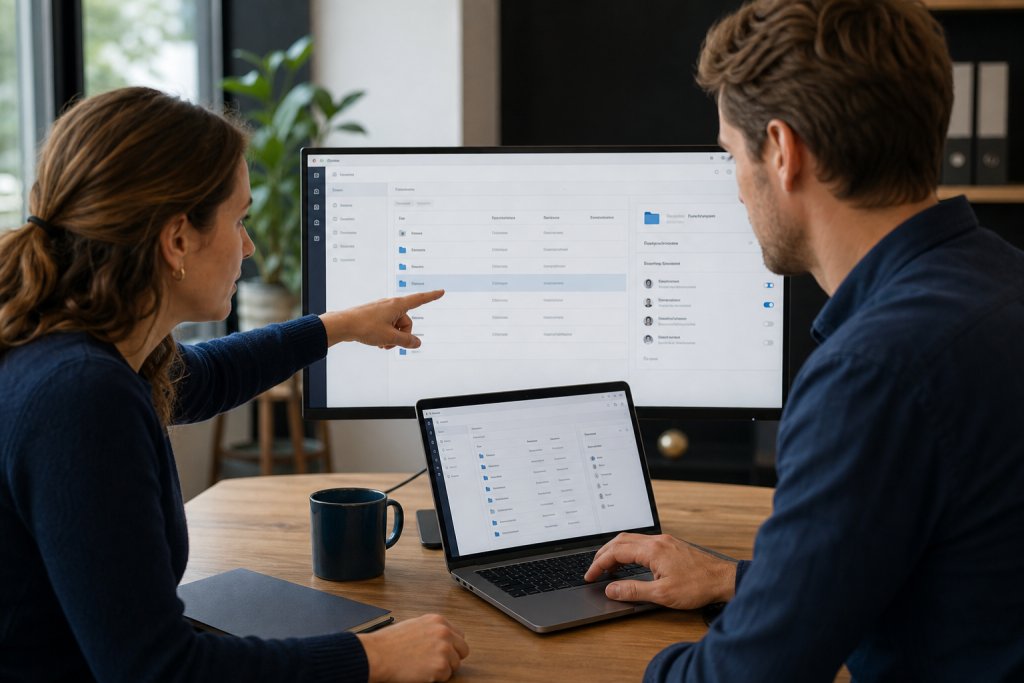 Two colleagues review a shared document library and access settings on their screens.