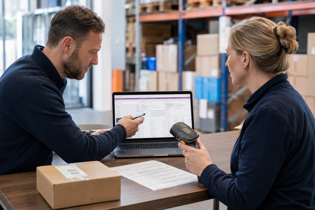 ERP-consultant en magazijnplanner bekijken een order op een laptop naast een scanner en een pakket.