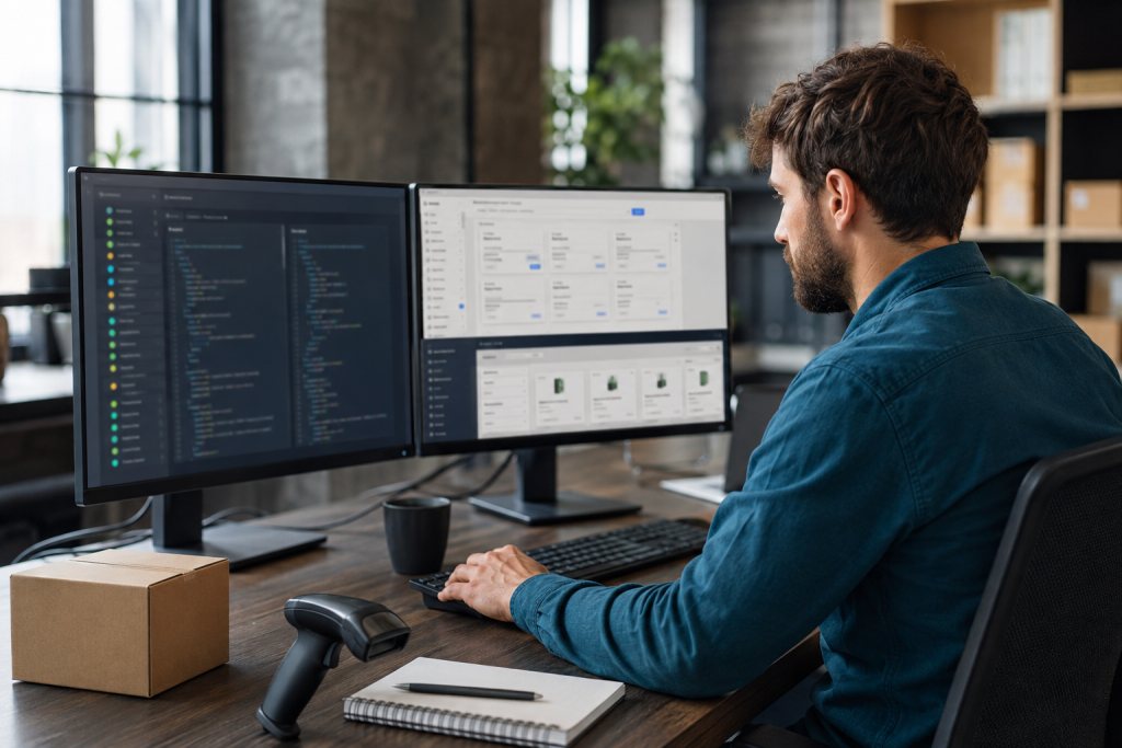 Developer checks data exchange on two screens beside a scanner and a small box.