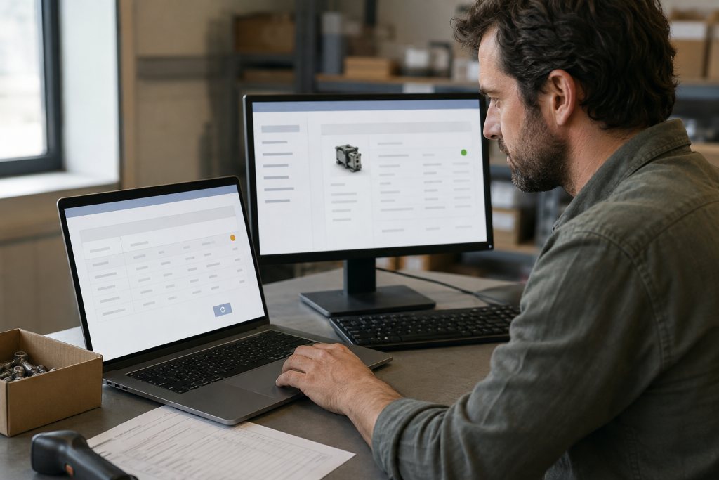 Engineer compares a rejected data record with an inventory card on a second screen.